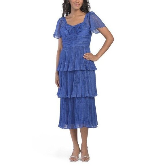 IVY CITY CO. womens Cecily Midi Dress size 2 Cobalt Blue Sparkly Tier Pleated - Picture 4 of 11